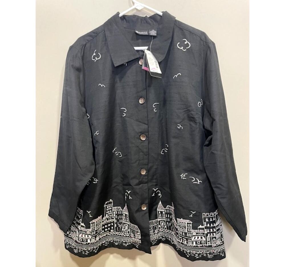 NWT Maggie Barnes Silk Blend Cityscape Button Up Women's Sz 1X